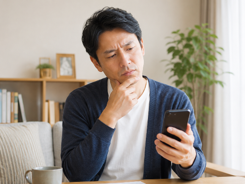 スマホを見て悩む男性