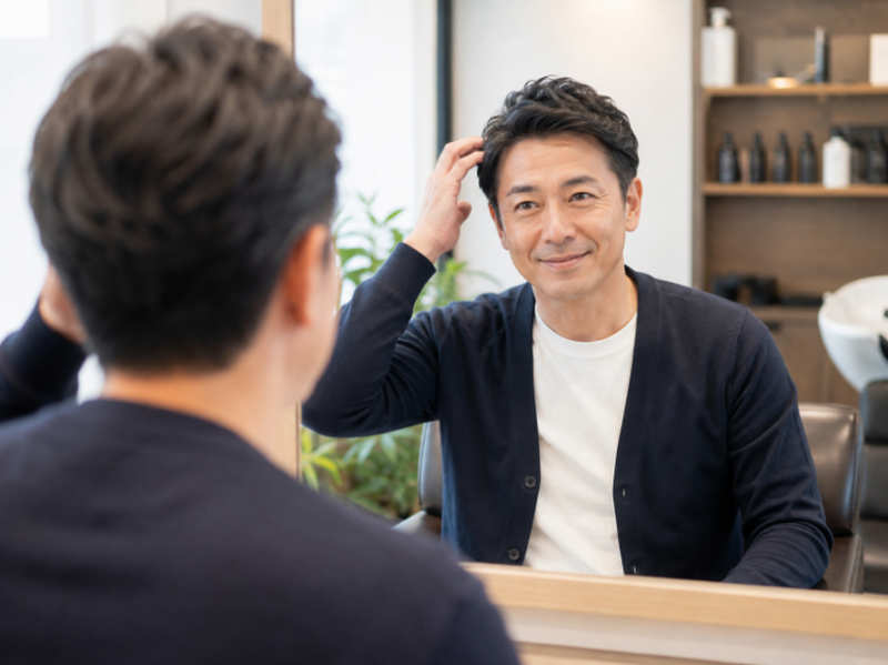鏡を見て嬉しそうに微笑む男性