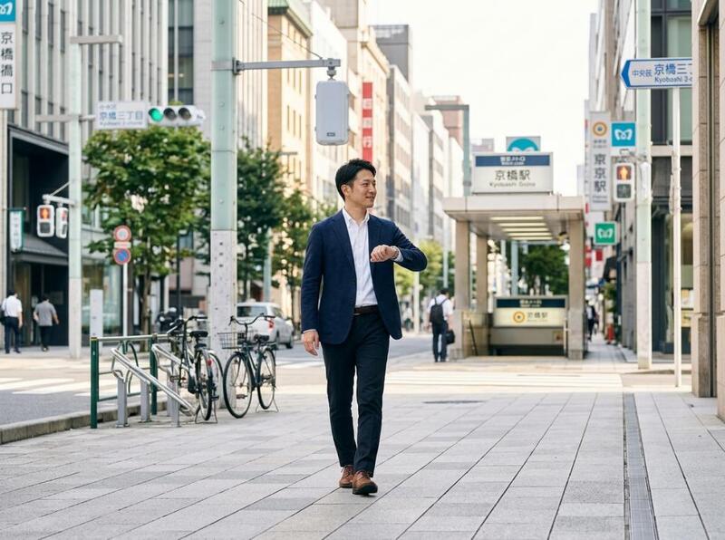 京橋の街角、笑顔で腕時計を確認するビジネスマン