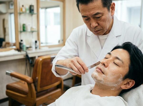 理容師によるシェービング。