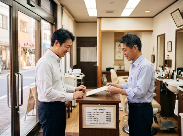理容室での男性二人の笑顔のやり取り。