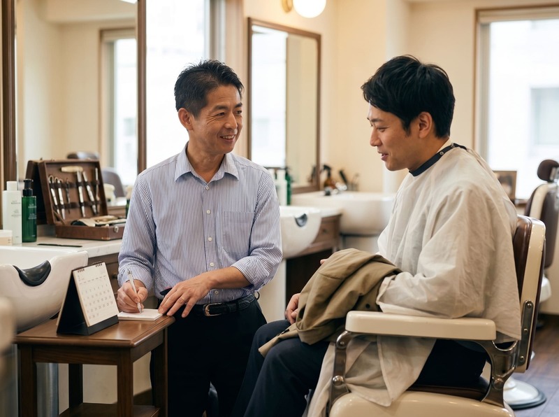 理容師と客の笑顔での相談。