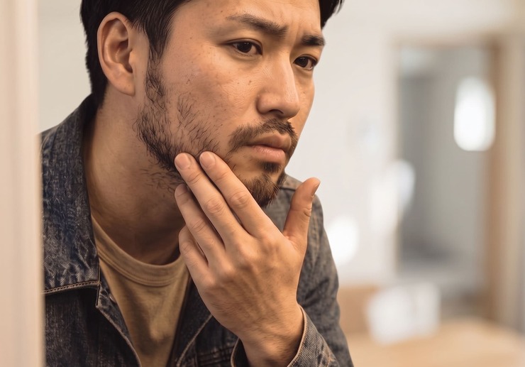 ひげを気にしている男性の様子