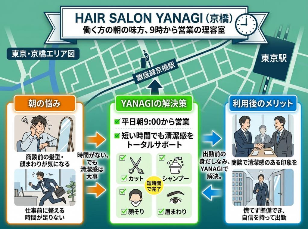 働く方の朝の身だしなみと時間不足の悩みを解決し、自信ある出勤をサポートする、京橋の理容室YANAGIの早朝・短時間トータルケアサービス