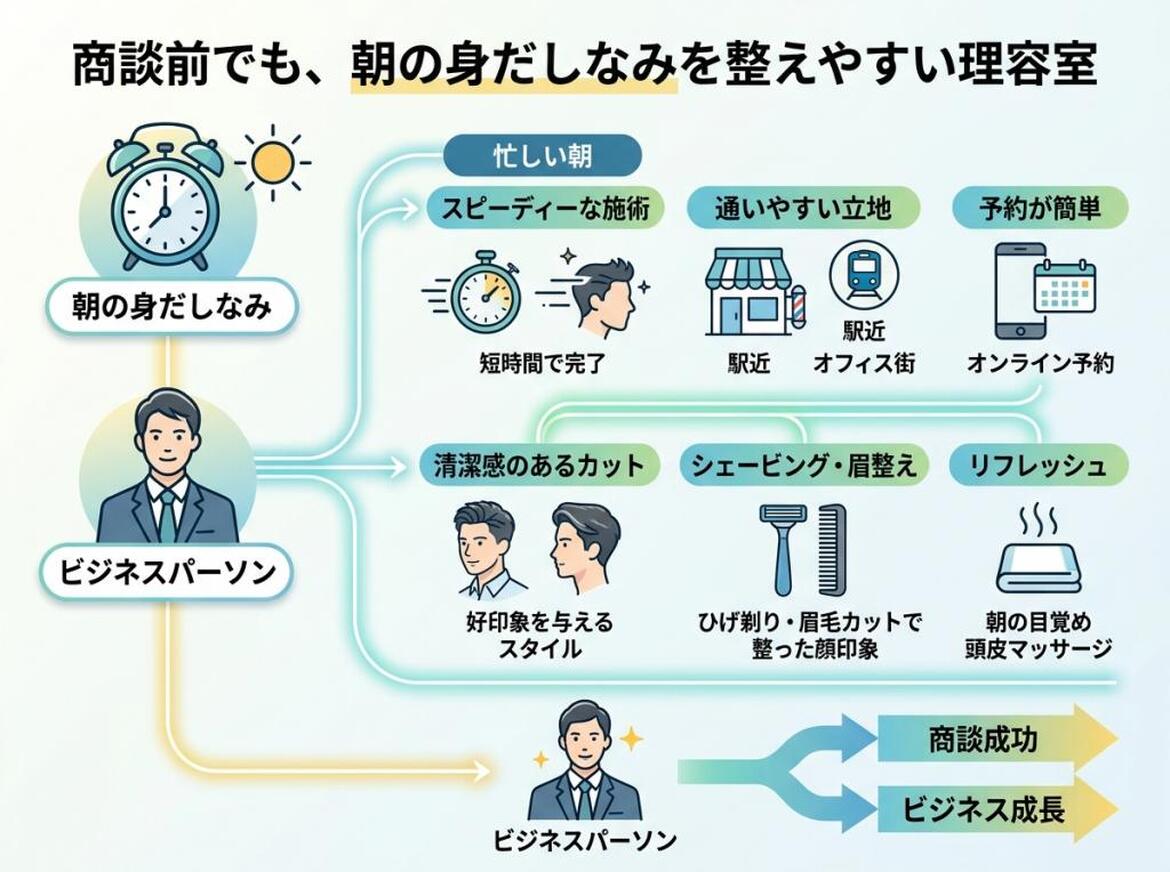 利便性の高い理容室によるビジネスパーソンの身だしなみ向上と、商談成功・ビジネス成長。