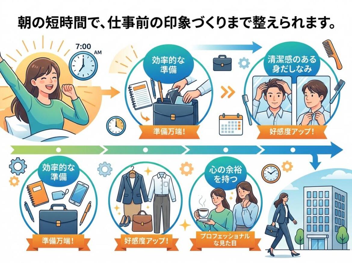 効率的な朝の準備と身だしなみ、心の余裕によるプロフェッショナルな出勤。