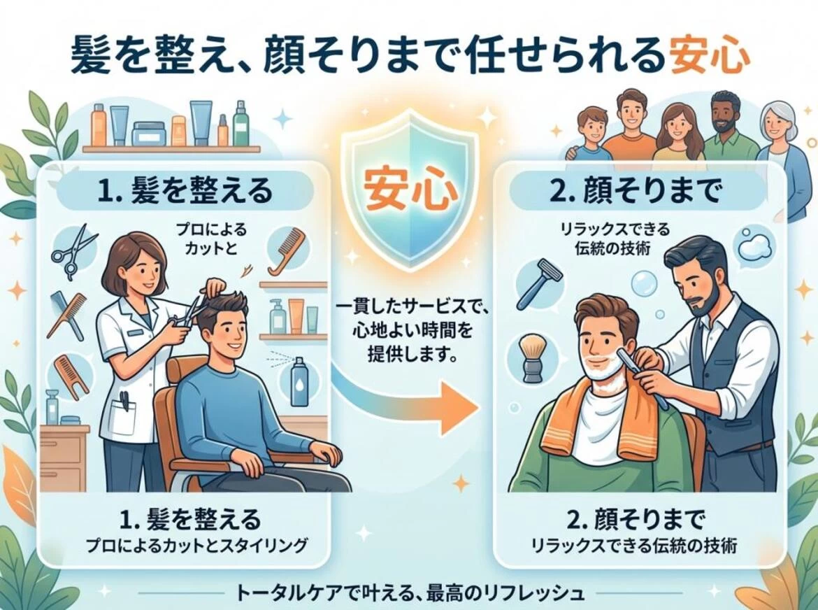 髪を整え、顔そりまで