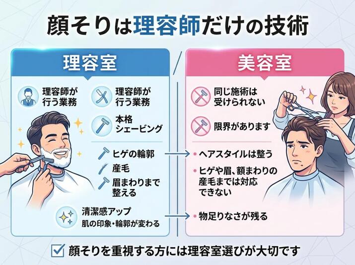 理容師の顔そり専門技術と、美容室の顔そり対応の差異