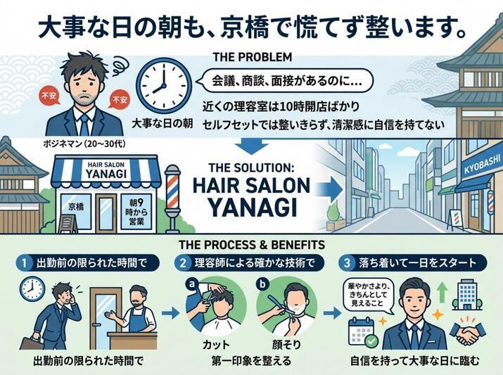 京橋の理容室による、ビジネスマンの朝の身だしなみ課題解決